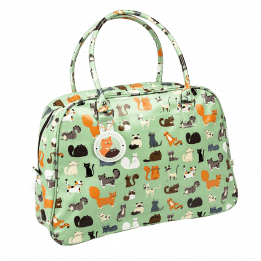 Light green oilcloth weekend bag with illustrations of cats