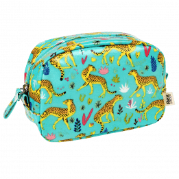 Turquoise oilcloth makeup bag with print of cheetahs