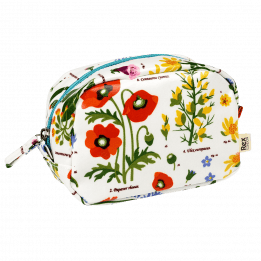 White oilcloth makeup bag with wild floral pattern