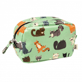 Light green oilcloth makeup bag with illustrations of cats