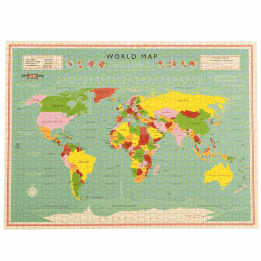 Completed 1000 piece jigsaw puzzle with print of world map