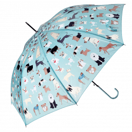 Blue green umbrella with illustrations of dogs open
