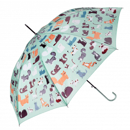 Light green umbrella with illustrations of cats open