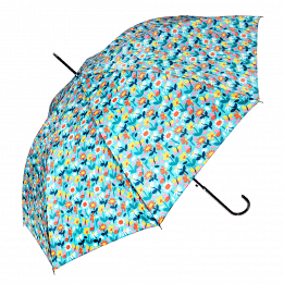 Light blue umbrella with print of butterflies amongst flowers open