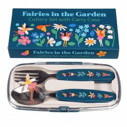 Stainless steel fork and spoon with dark blue plastic handles featuring print of fairies and flowers in plastic carry case