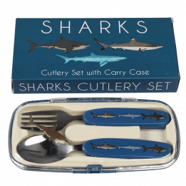 Stainless steel fork and spoon with dark blue plastic handles featuring pictures of sharks in plastic carry case