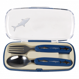 Sharks cutlery set in carry case with lid open