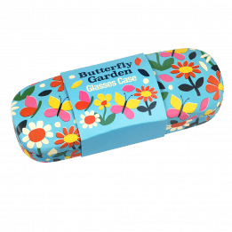 Light blue hardshell glasses case with print of butterflies amongst flowers