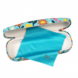 Butterfly Garden glasses case open with included cleaning cloth in blue