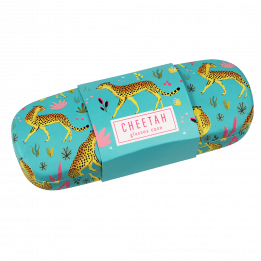 Turquoise hardshell glasses case with print of cheetahs