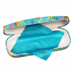 Cheetah glasses case open with included cleaning cloth in blue