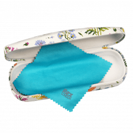 Wild Flowers glasses case open with included cleaning cloth in blue