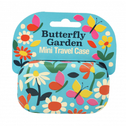 Light blue mini travel case with print of butterflies amongst flowers