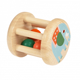 Wooden baby rattle on side with elephant showing