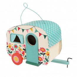 Wooden birdhouse in shape of caravan with print of butterflies and flowers