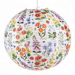 Paper lampshade with illustrations of wild flowers fully assembled and hanging from light fitting