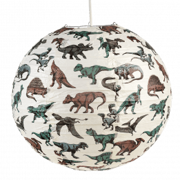 Paper lampshade with illustrations of dinosaurs fully assembled and hung from light fitting