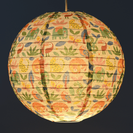 Paper lampshade with illustrations of wild animals fully assembled and hung from light fitting