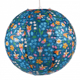 Paper lampshade with illustrations of fairies among flowers fully assembled and hung from light fitting