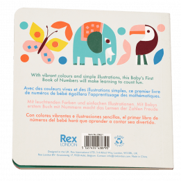 First book of numbers back cover with colourful graphics of wild animals