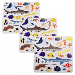 3 sheets with stickers of ocean creatures: sharks, rays, fish, etc.