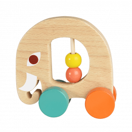 Multi-coloured wooden push along toy in shape of elephant with four wheels and two movable beads