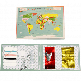 Shirt repair kit with card sleeve with vintage style world map print closed and open