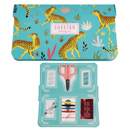 Sewing kit with card sleeve in turquoise and with cheetah print closed and open