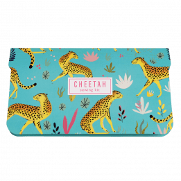 Sewing kit card sleeve in turquoise with cheetah print