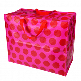 Recycled plastic jumbo storage bag in pink with red spots