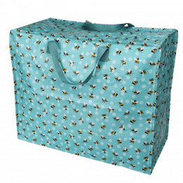 Recycled plastic jumbo storage bag in turquoise with print of bumblebees