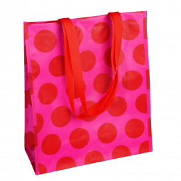 Recycled plastic shopping bag in pink with red spots