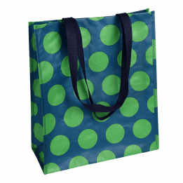 Recycled plastic shopping bag in blue with green spots