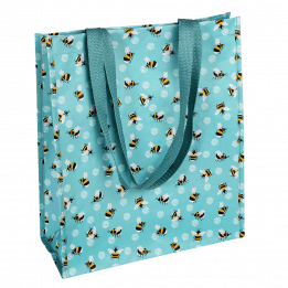 Recycled plastic shopping bag in turquoise with print of bumblebees