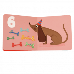First book of numbers page with number 6 and picture of dog with bones