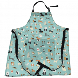 Recycled cotton apron in blue-green with dog print