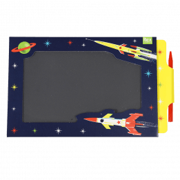 Magic Slate toy in navy blue with space rockets, stars and planet design