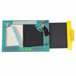 Secret Agent Magic Slate toy with tab slightly pulled out to erase doodle