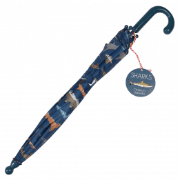 Children's umbrella in dark blue with sharks print closed