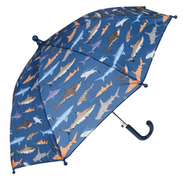 Children's umbrella in dark blue with sharks print open