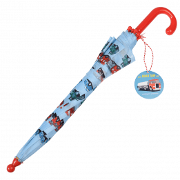 Children's umbrella in light blue with red handle with vintage vehicles print closed