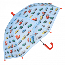 Children's umbrella in light blue with vintage cars trucks buses print open