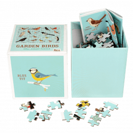 Garden Birds puzzle pieces and guide sheet in box