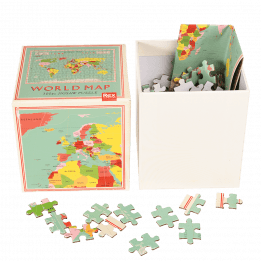 World Map puzzle pieces and guide sheet in box