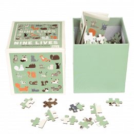 Nine Lives puzzle pieces and guide sheet in box