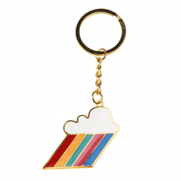 Gold coloured keyring with cloud and rainbow-coloured beams charm