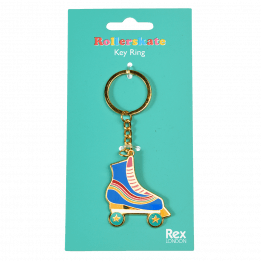 Keyring with roller skate charm attached to packaging