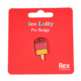 Ice lolly pin badge attached to packaging