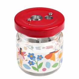 Pencil sharpener with glass jar decorated with fairies, flowers and butterfly print