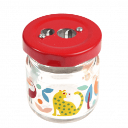 Pencil sharpener with glass jar decorated with colourful wild animals print